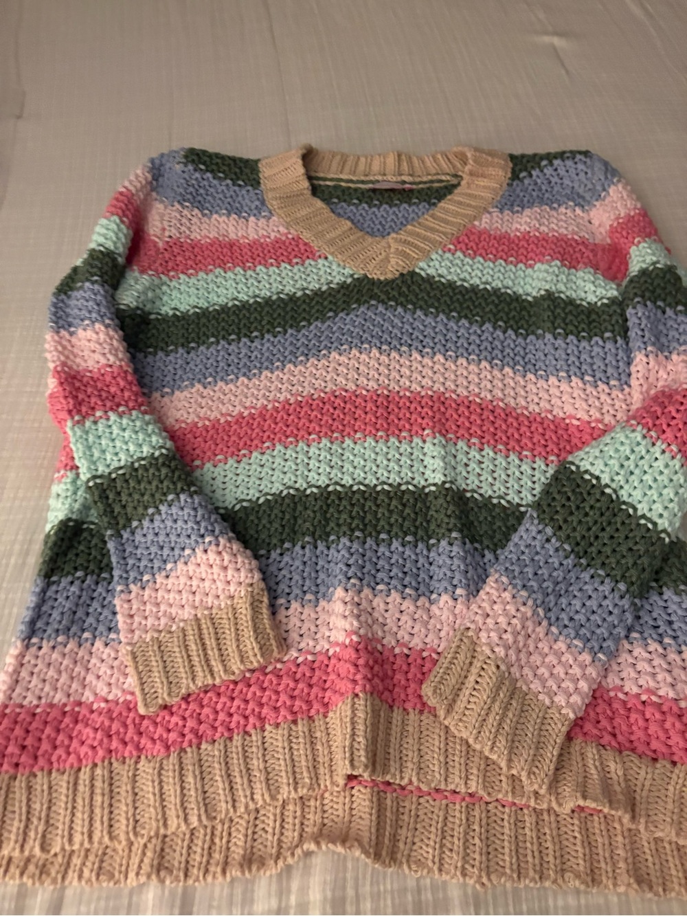 Pink Lily Pastel Striped V-Neck Sweater in Mint Pink Lavender Olive Beige